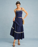 Navy Polka Dot Lace Midi Skirt