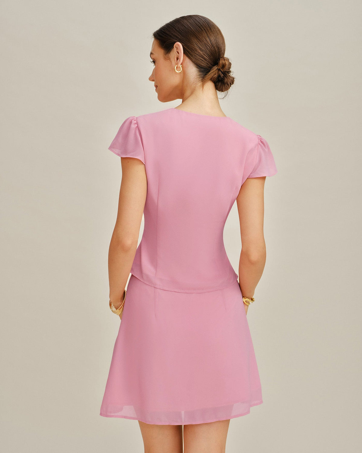 Pink Solid Chiffon Mini Skirt