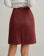 Red Suede Straight Slit Mini Skirt