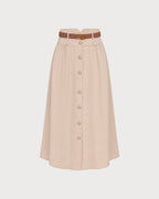 Khaki Belt Shirred Button Skirt