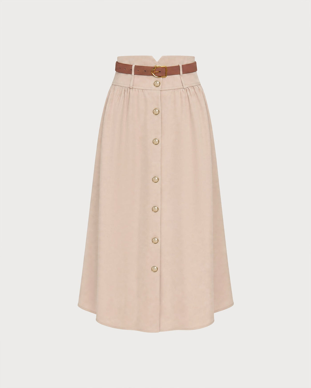 Khaki Belt Shirred Button Skirt