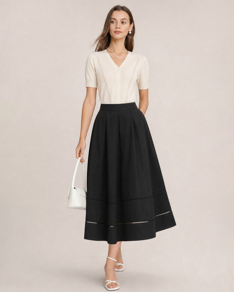 Black Solid Pockets A-Line Midi Skirt