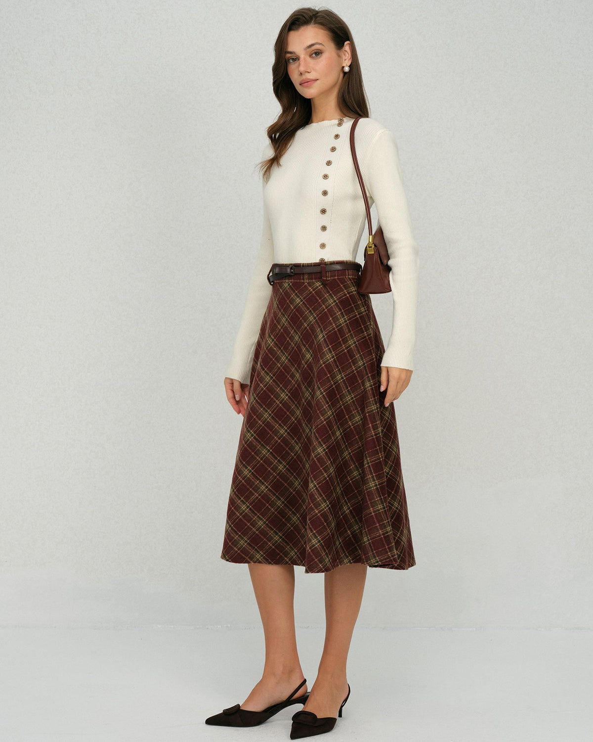 Red Plaid Floral Midi Skirt
