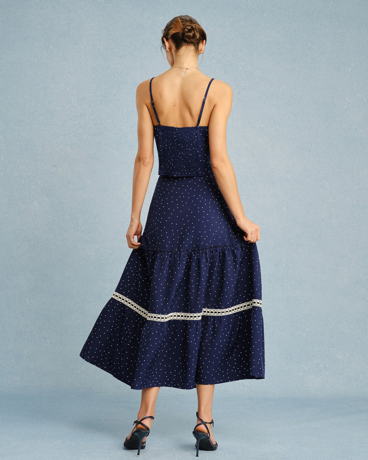 Navy Polka Dot Lace Midi Skirt