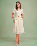 Apricot Elastic Waist Shirred Midi Skirt