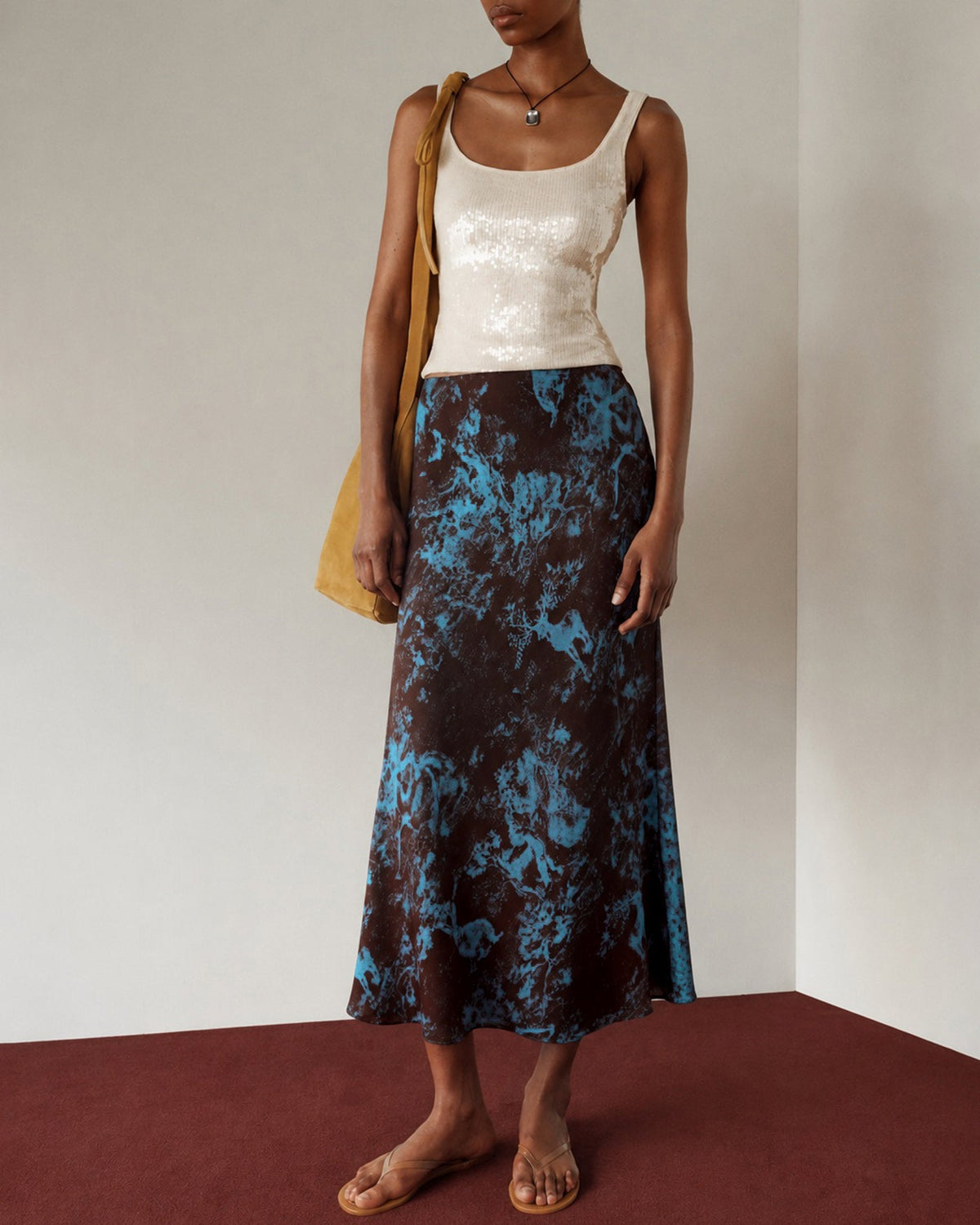 Coffee Elastic Waist Floral Midi Skirt
