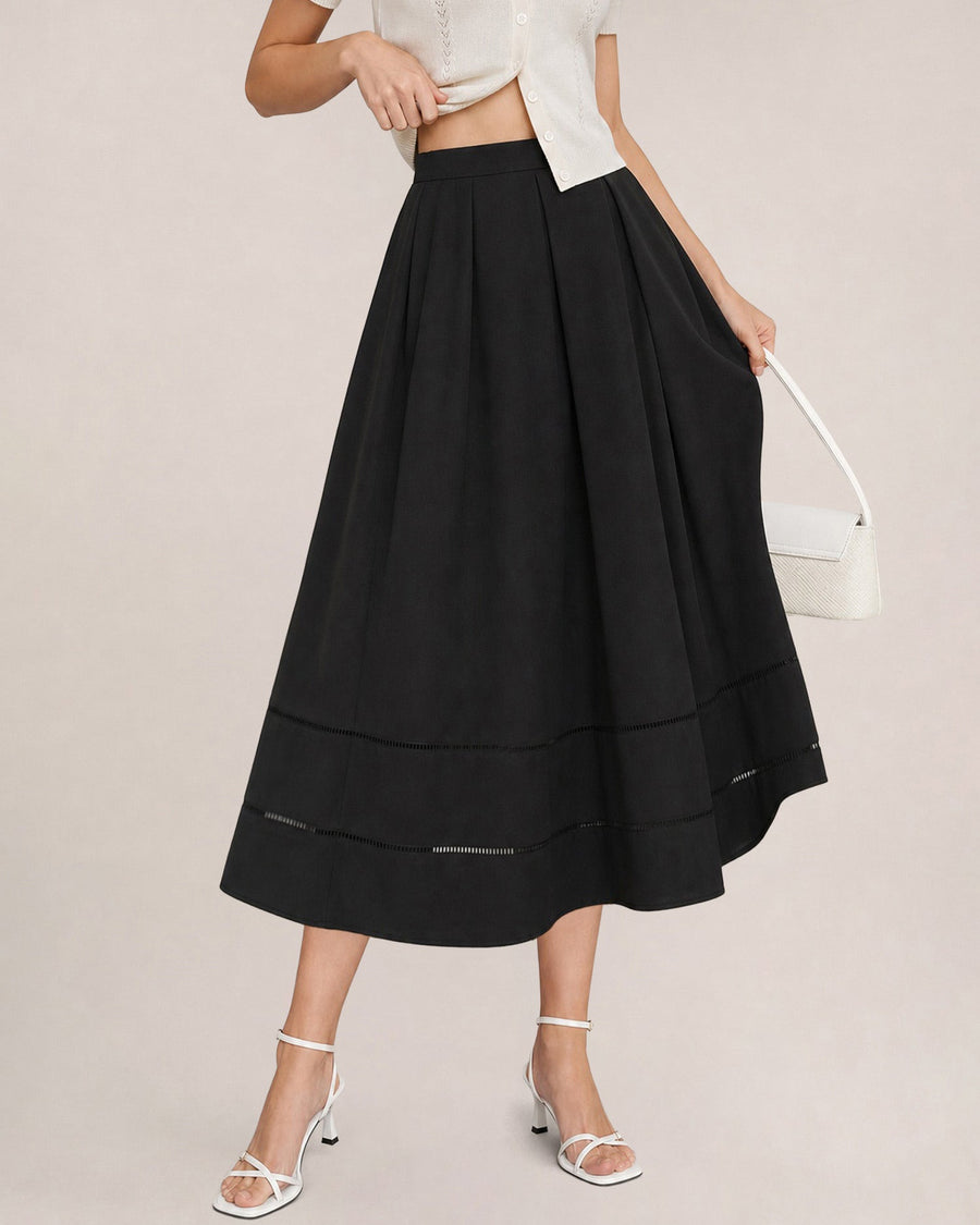 Black Solid Pockets A-Line Midi Skirt