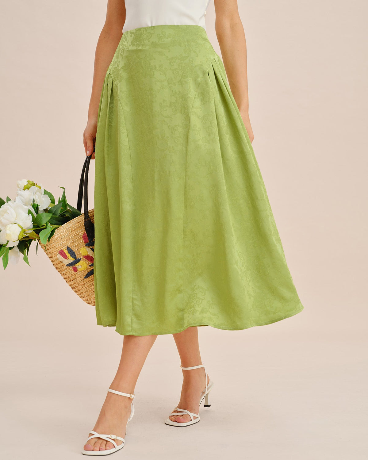 Green Jacquard Ruched Satin Midi Skirt