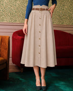 Khaki Belt Shirred Button Skirt