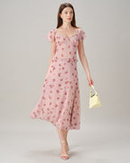 Pink Floral Chiffon A-Line Midi Skirt