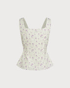 Beige Square Neck Floral Tank Top