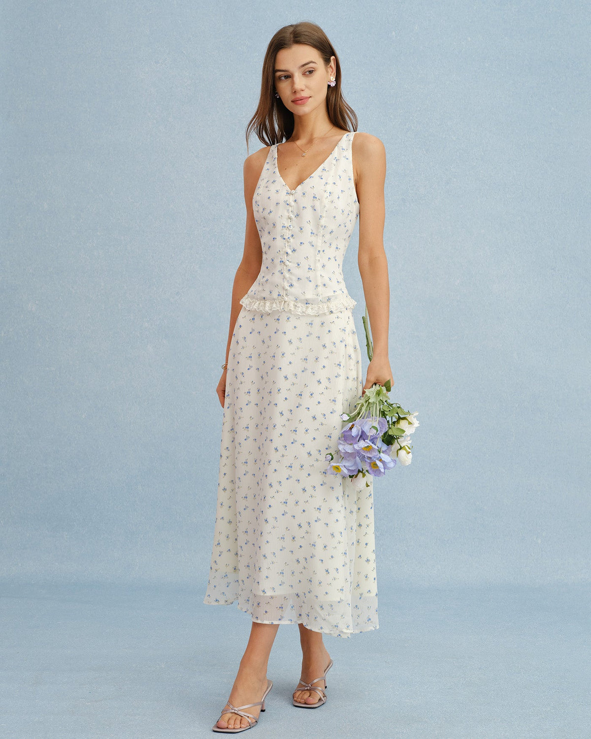 Beige V Neck Floral Chiffon Tank Top