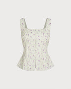 Beige Square Neck Floral Tank Top