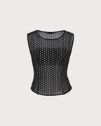Black Boat Neck Polka Dot Tank Top