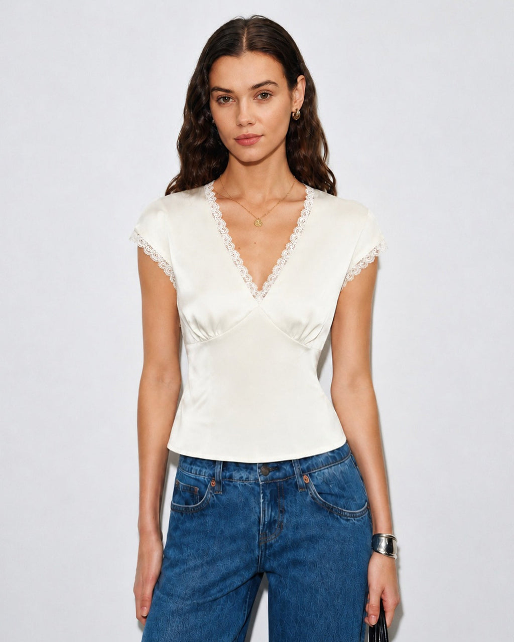Apricot V Neck Lace Satin Tee