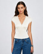 Apricot V Neck Lace Satin Tee