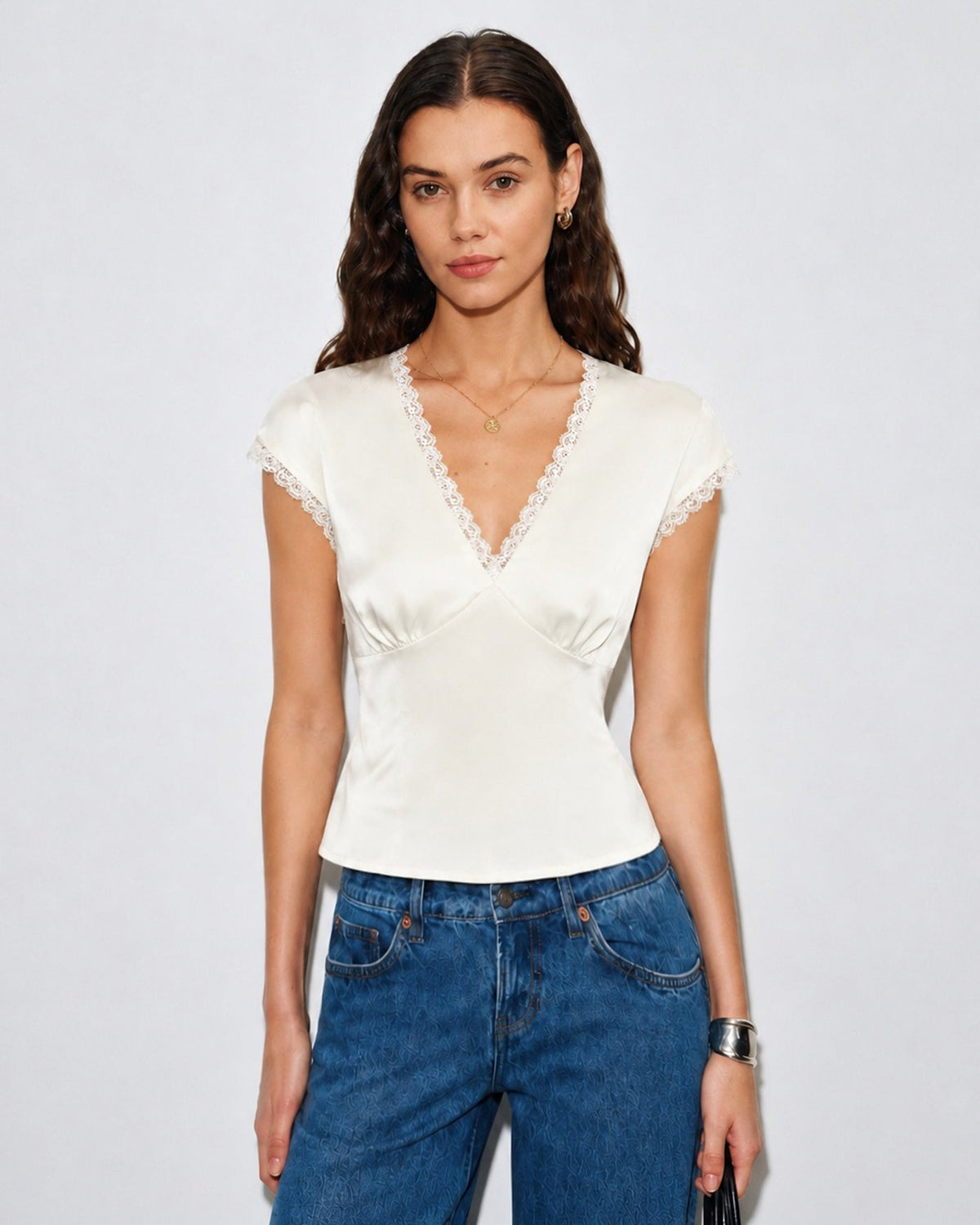Apricot V Neck Lace Satin Tee