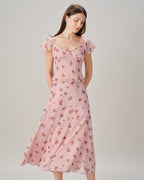 Pink V Neck Ruffle Floral Tee