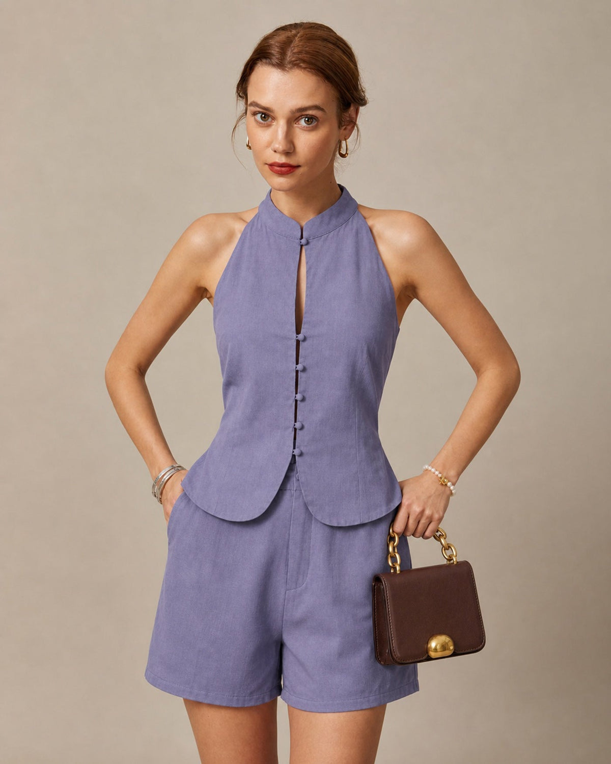 Purple Natural Waisted Button Pockets Shorts