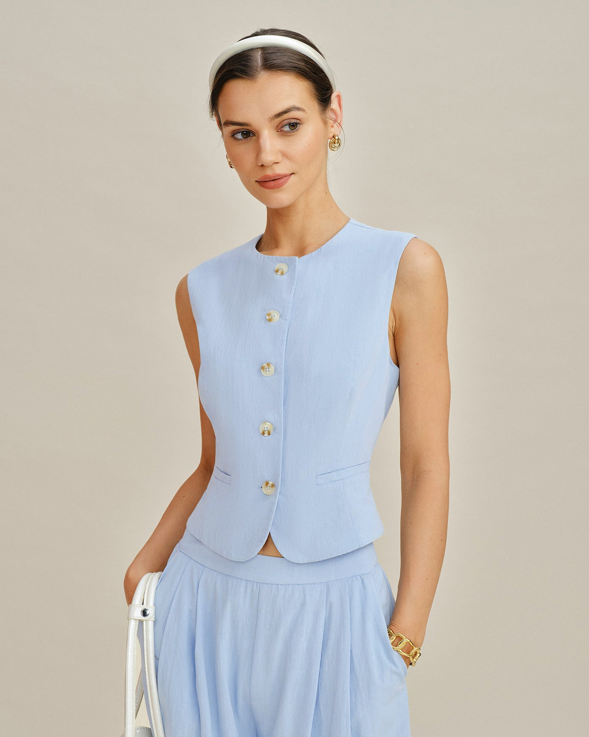 Blue Single Breasted Pockets Vest