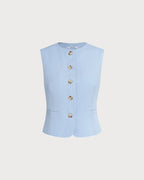 Blue Single Breasted Pockets Vest